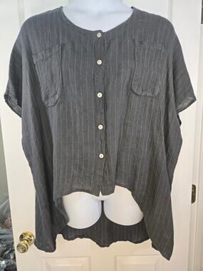Saga 100% Linen Button Down Striped Blouse W/ Pockets Lagenlook Sz XL